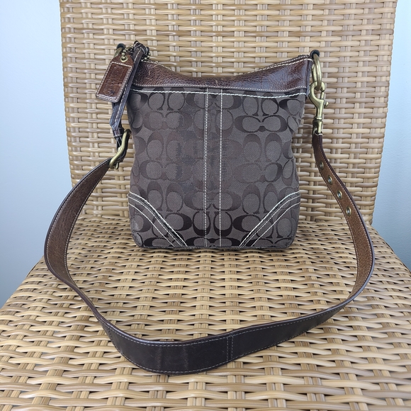 Coach 10402 Signature Jacquard Canvas Leather Brown Crossbody Shoulder Bag - Picture 3 of 16